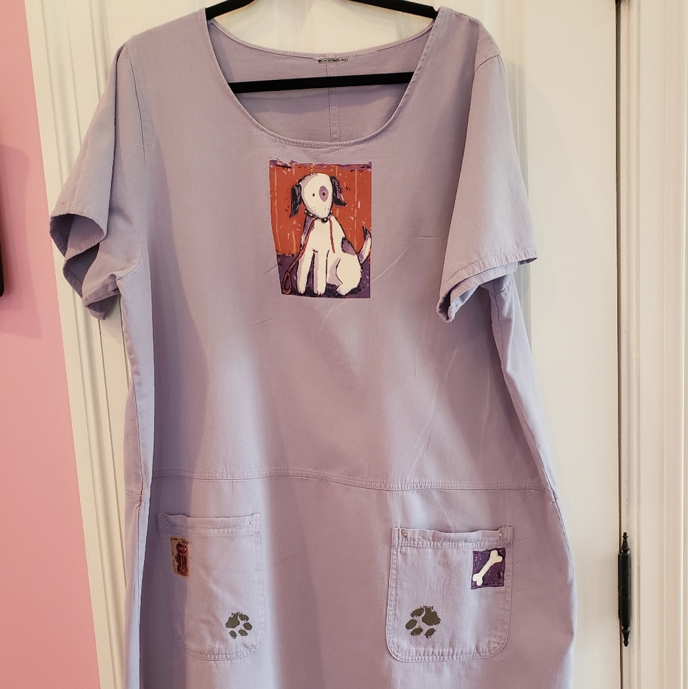 Lavender Cotton Summer Dress/ Cover Up with Painted Puppy  2XL